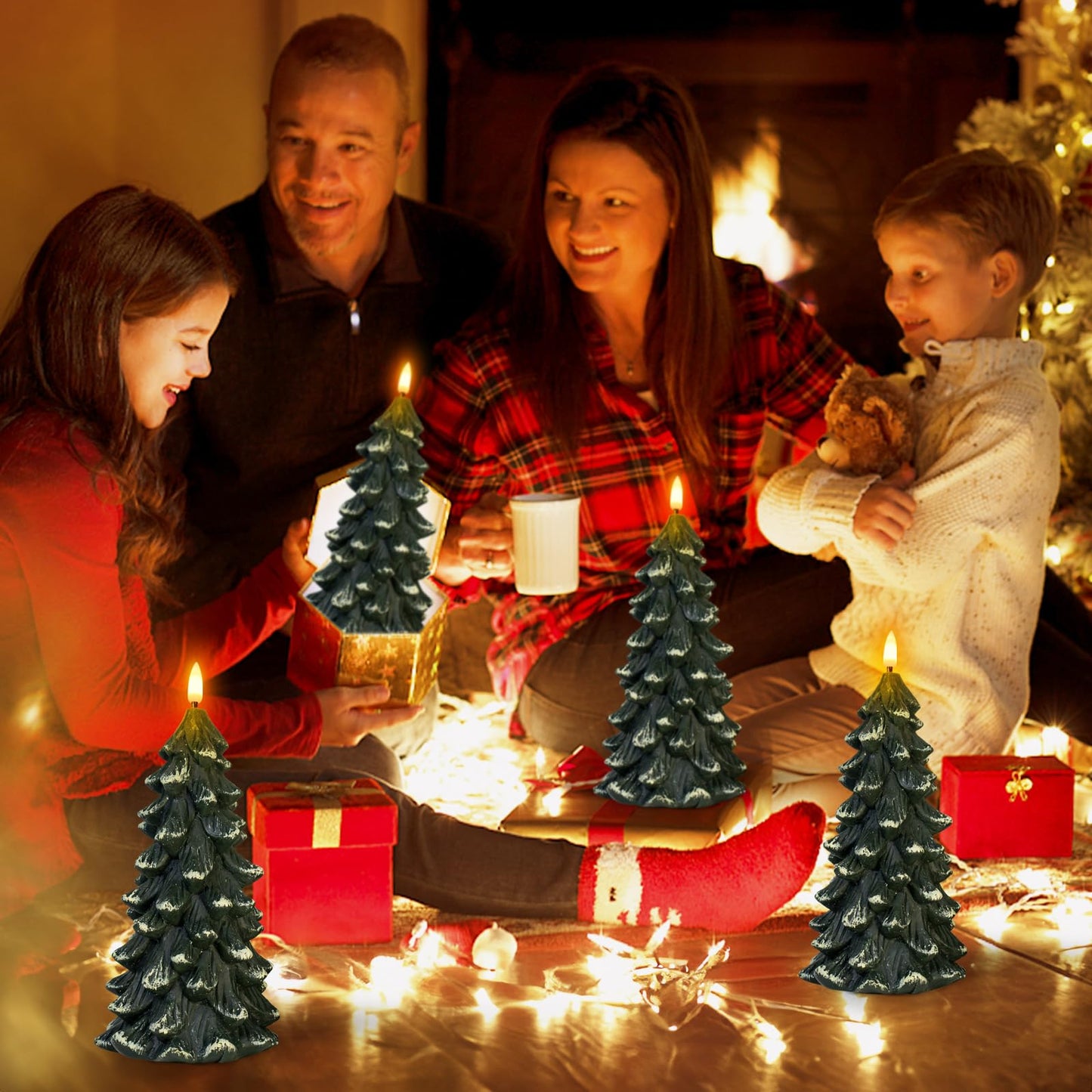 Yongmao Christmas Tree Shaped Flickering Flameless Candles, Green Real Wax Battery Operated LED Candles with Timer for Christmas Home Party Decoration Christmas Gift Set of 2