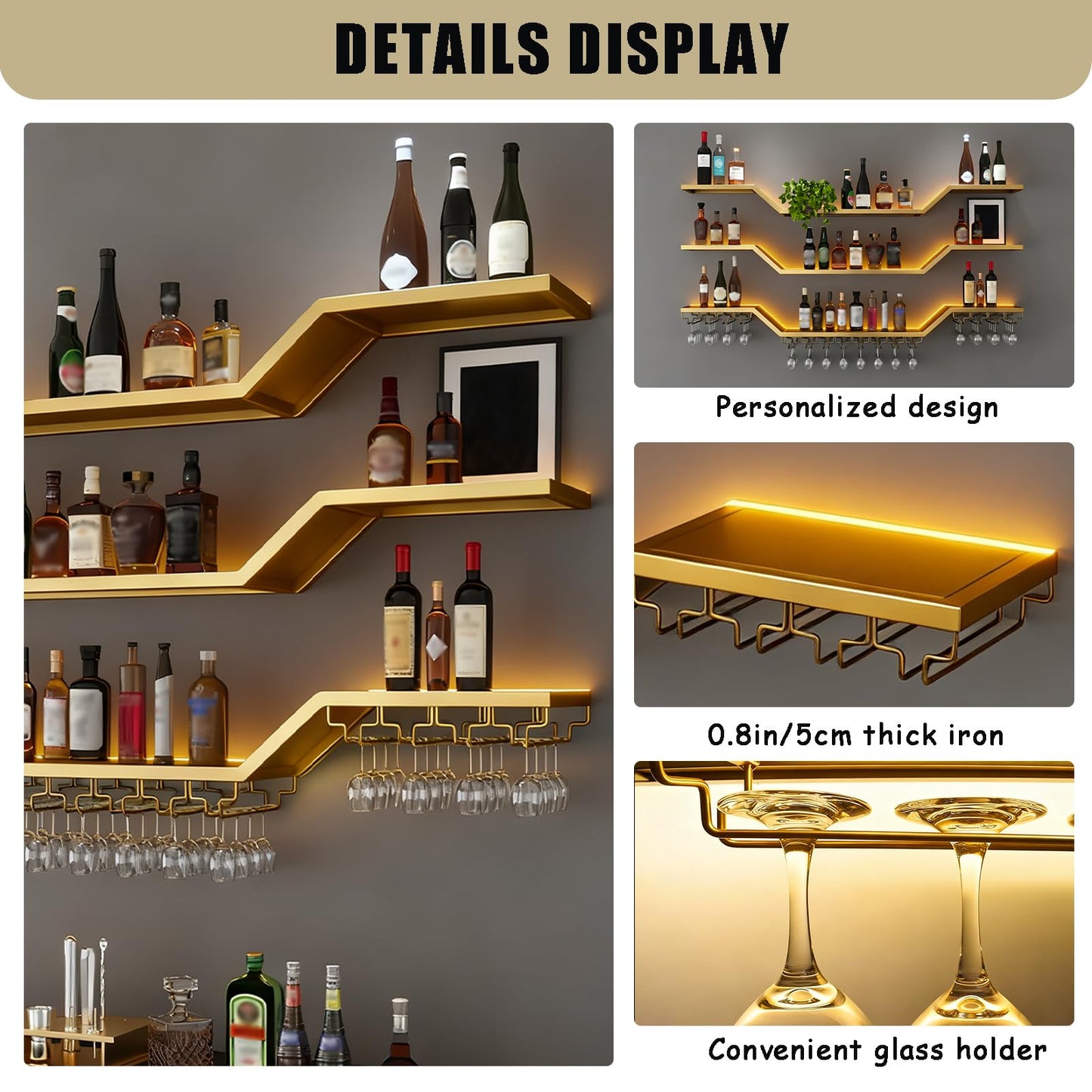 TAUODUYY 63in Modern LED Wine Rack Wall Mounted, 3-Tier Floating Bar Shelves with Wine Glass Rack, Large Hanging Liquor Shelf Wall Mounted, for Home Bar Dining Room Cafe Decorative (Gold, 63in/160cm)