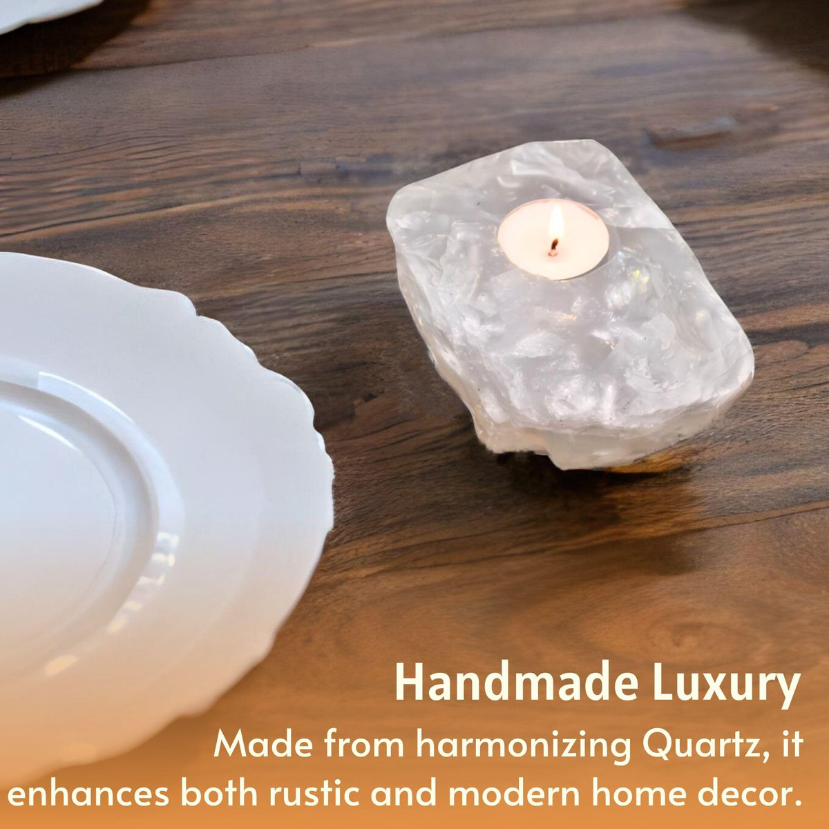 Nature’s Decorations Crystal Quartz Votive Tealight Holder - White Candle Holder for Side Tables, Countertops, Living Room, & Gifting - Rectangle Crystal Quartz Candleholder (3” x 3” x 1.5”)
