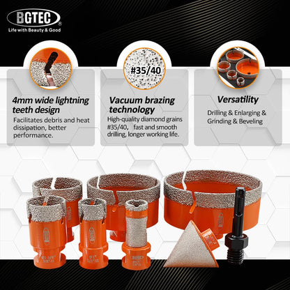 BGTEC Diamond Hole Saw Kit - 8PCS 25/35/50/75/100mm Core Bit + 20mm Finger Bit + 50mm Chamfer Bit + SDS Adapter for Porcelain Tile, Ceramic, Marble, Granite