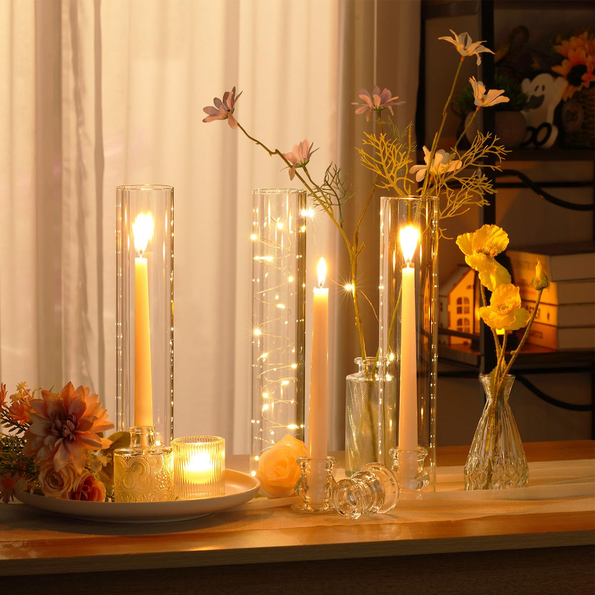 Teenyyou 24 Set Glass Hurricane Candle Holders Bulk 12.6" Open Ended Glass Candleholder Tube Shape Bottomless and 2.2" Taper Clear Candlestick Holders for Wedding Table Centerpiece (Clear)