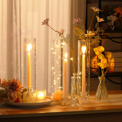 Teenyyou 12 Set Glass Hurricane Candle Holders Bulk 12.6" Open Ended Glass Candleholder Tube Shape Bottomless and 2.2" Taper Clear Candlestick Holders for Wedding Table Centerpiece (Clear)