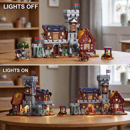 3 in 1 Medieval Cabin Knight Castle Town Square Center Building Set 3 Storytelling Viking Village Sets for Adult House Collection Toy Creative Present for Enthusiasts 1760PCS
