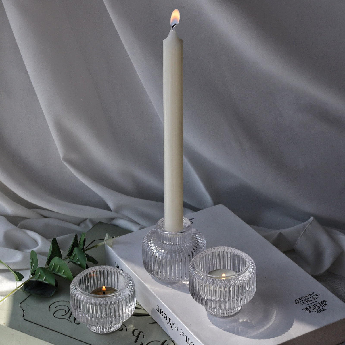 Woho Candle Stick Candle Holder Set of 4, Clear Taper Candle Holders for Wedding Table Centerpiece, Ribbed Glass Votive Candle Holders for Christmas Party Home Decor