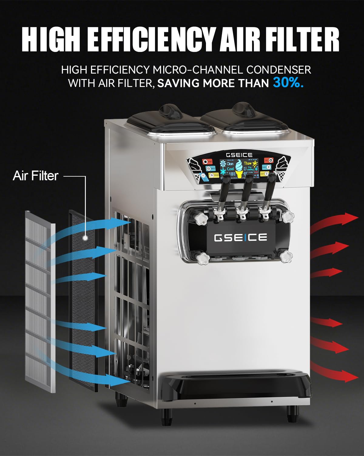 Commercial Ice Cream Maker, 6.8-8.4 Gal/H, 2 * 8L Hopper 110V Countertop Soft Serve Ice Cream Machine, 3 Flavors Puffing Alarm Pre-Cooling For Shops Cafes Dessert Stores, Auto Clean & Touch Screen