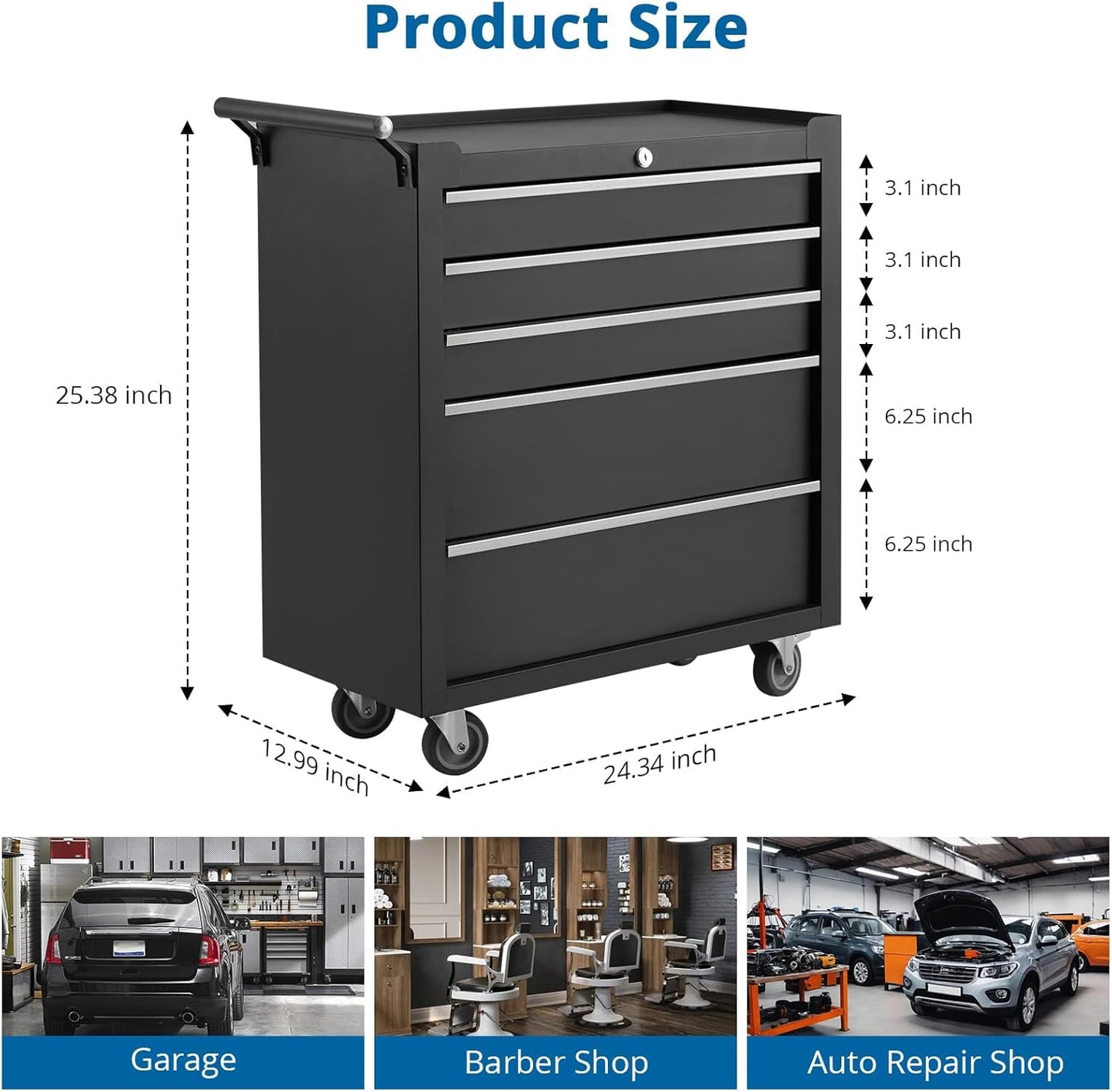 Rolling Tool Box with Wheels, 5 Drawer Tool Storage Cabinet, Portable Toolbox Organizer with Lock, Heavy Duty Tool Chest Cart for Garage, Mechanic, Workshop, Shop, Mobile Tool Organizer, Black