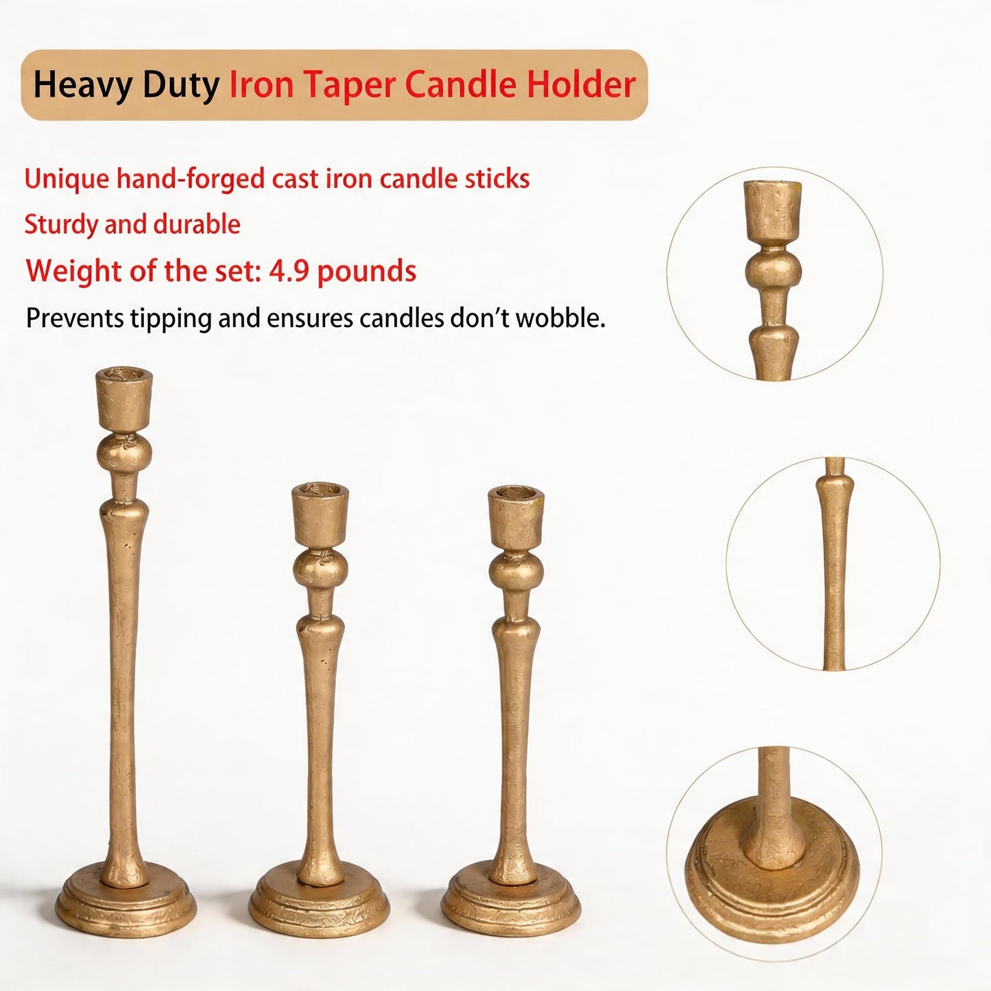 Wenbery Gold Candlestick Holders Set of 3, Heavy Cast Iron Candle Holder for Table Centerpiece, Antique Brass Finish
