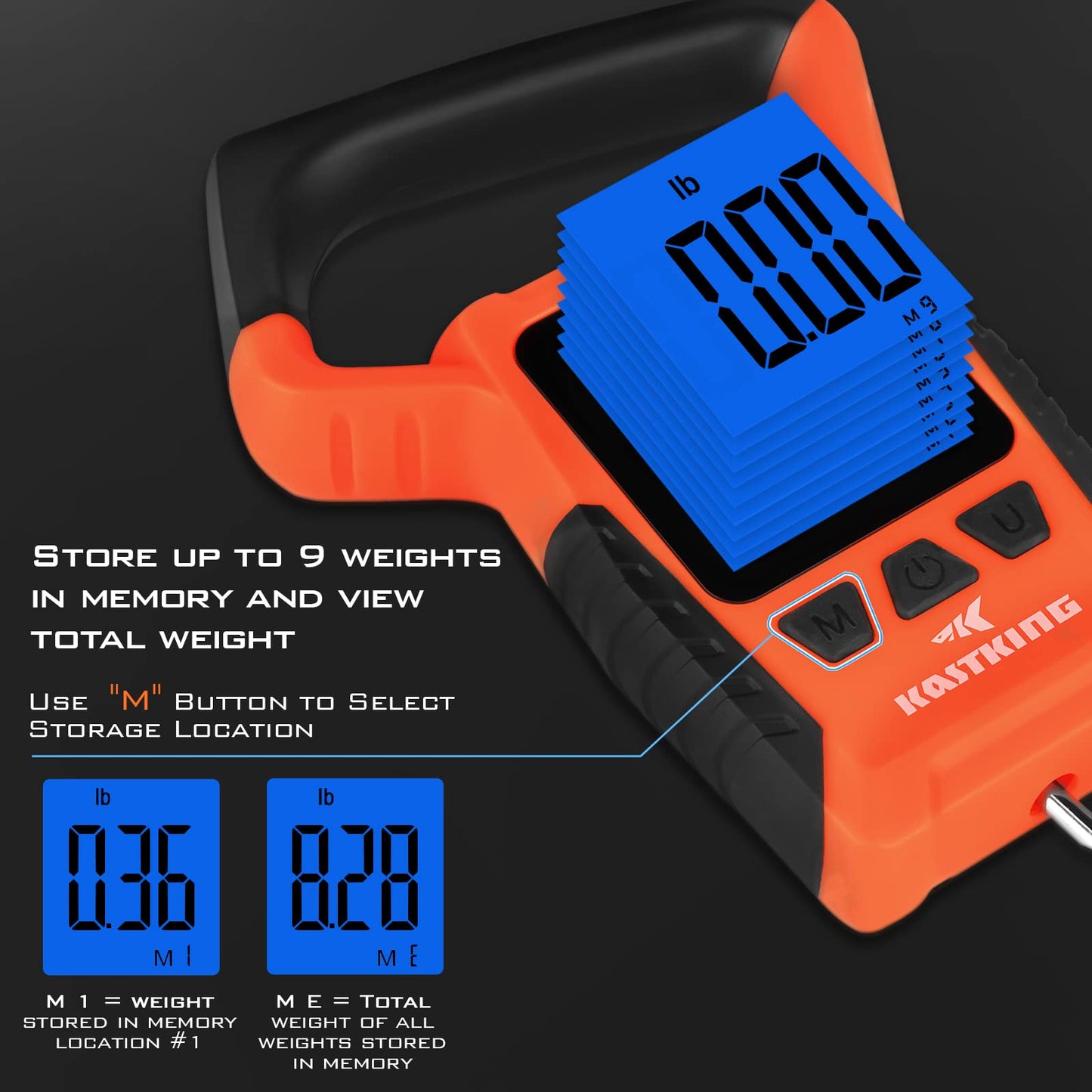 KastKing Fish Scale, WideView Floating Waterproof Digital Scale with No-Puncture Lip Gripper, 2.5” Large LCD Display, 110lb Capacity, Stores up to 9 Weights, Orange