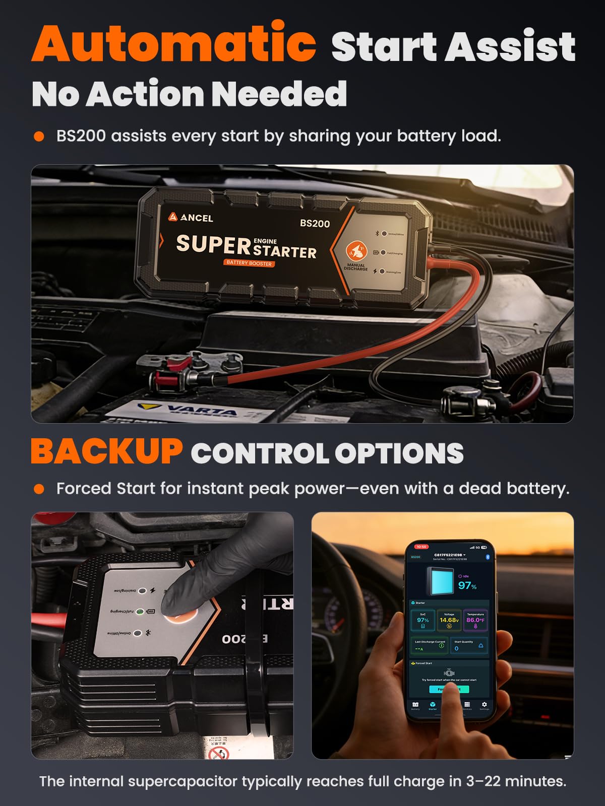 ANCEL BS200 Engine Super Starter - Permanently Connected Jump Starter with Capacitor, Proactive Car Battery Maintainer & Smart Health Monitor, -40℉~176℉ UltraSafe Battery Booster for 3.0L Vehicles