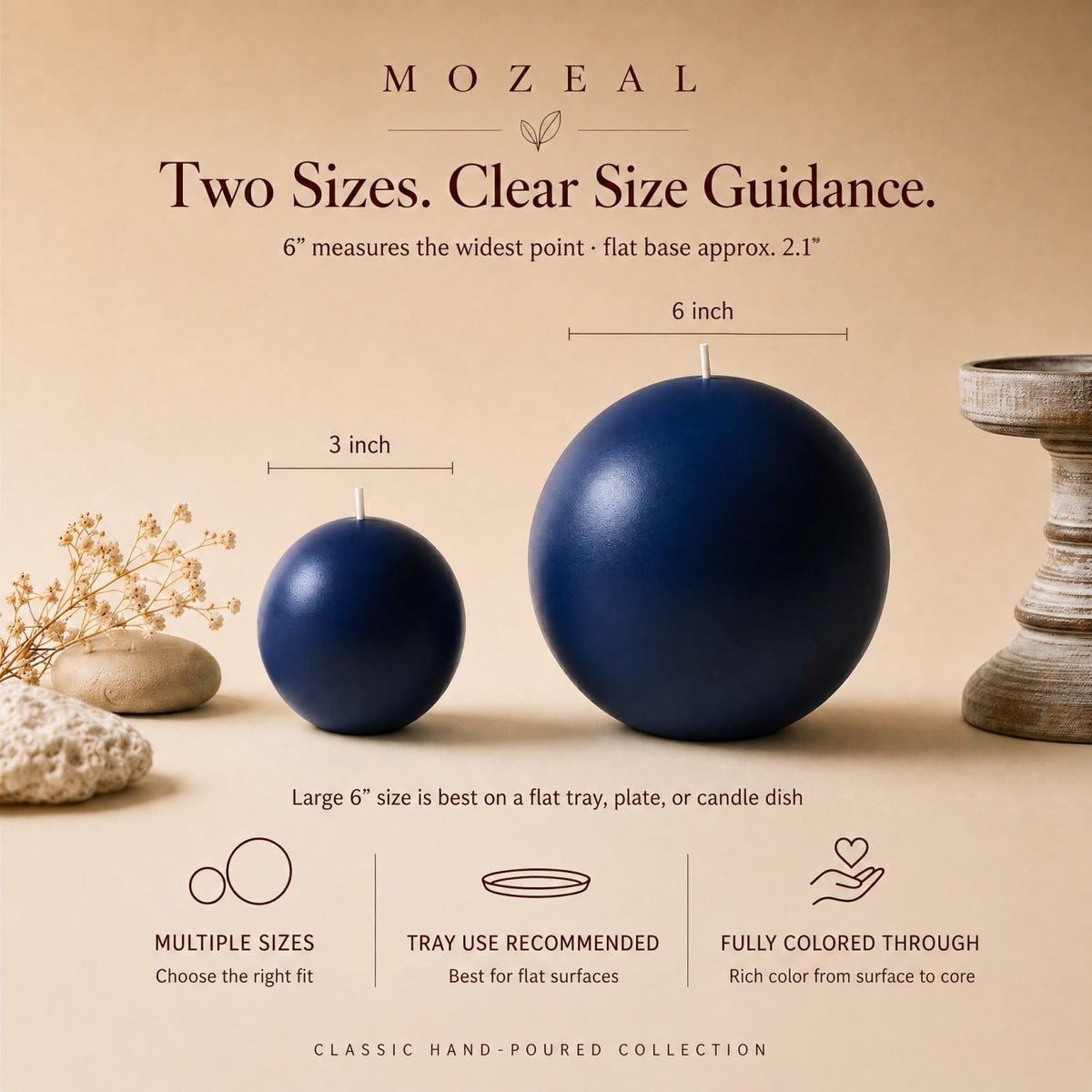 MOZEAL Hand-Poured, 6 Inch Navy Blue Large Round Ball Candles - Elegant Navy Blue Round Pillar Candles, Dripless, Unscented, Smokeless, Ideal for Formal Events.