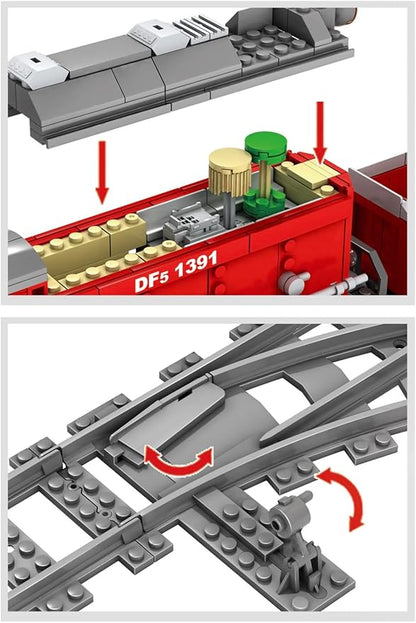 General Jim's Red Diesel Cargo Train Building Blocks Set - 1000+ Piece City Series with Automatic Running System Railway Tracks and Truck - L Gauge - Compatible w/Major Brick Brand Tracks - GJ-EBRT