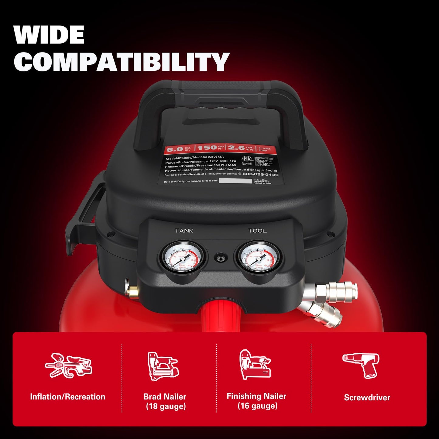 ECOMAX Air Compressor 6 Gallon 150 PSI Pancake Portable Oil-free Tank with 10 PCS Accessories Kit