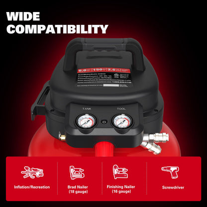 ECOMAX Air Compressor 6 Gallon 150 PSI Pancake Portable Oil-free Tank with 10 PCS Accessories Kit