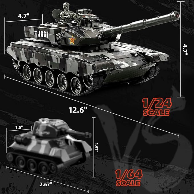 1/24 RC Tank 2.4Ghz Chinese 99 Remote Control Tank &amp 330°Turret Rotation. 2 × Rechargeable Batteries Infrared Battle Toy with Smoke LED Lights and Sound Effect Gift for Boys
