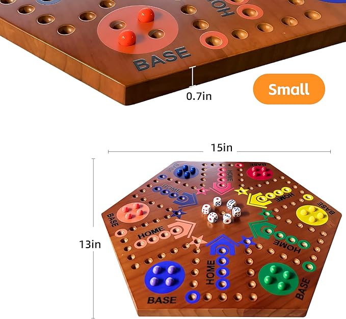 Wooden Board Game Board Game Original Marble Game Double Sided Painted 2 to 6 Player Fast Track Wooden with 6 Colors 24 Marbles 6 Dice for Adults Kids Family(15 INCH Flame)