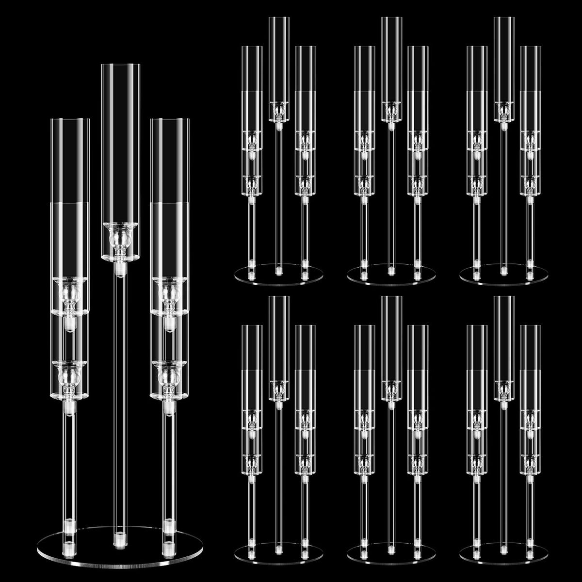 6 Set 5 Arm Acrylic Candelabra Centerpiece, Mjkeomo 27'' Tall Clear Candle Holder for Table, Wedding, Christmas, Fireplace Mantel Decor, Fits 0.82" LED Candles