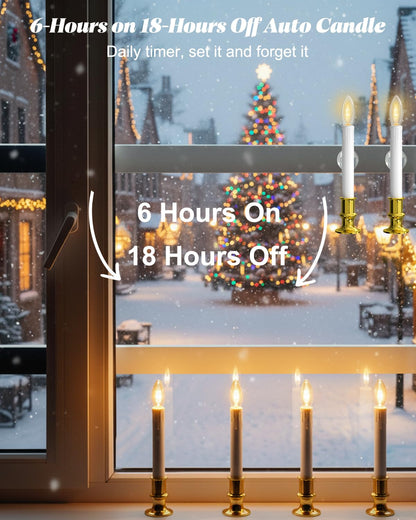 SUNSGNE Battery Operated Window Candles, Flameless Window Candles with Auto Timer for Holiday Home Table Christmas Decor, C26 LED Ultra-Bright Bulbs, 4 Pack, Gold Base