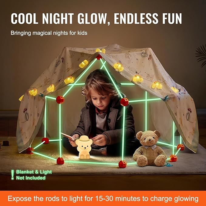 VEVOR Fort Building Kit for Kids 140PCS Glow in The Dark STEM Building Toys Educational Gift for 4 5 6 7 8+ Year Old Boys &amp Girls Indoor Outdoor Kids Fort Building Kit with 96 Rods and 44 Balls