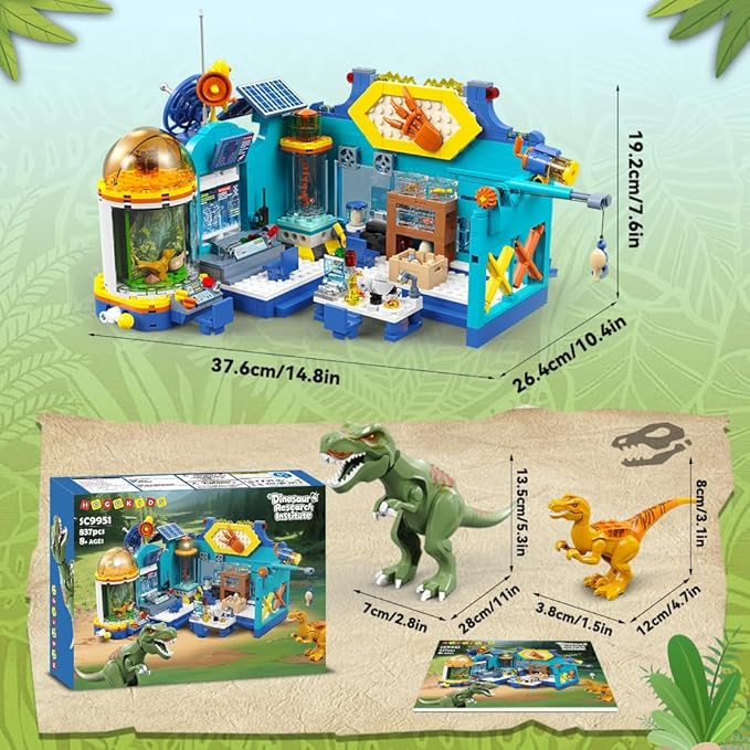 HOGOKIDS 2-in-1 Dinosaur Research Institute Building Set with Light - 837PCS Dino World Building Blocks Toys with 2 Dinosaur Figures Dinosaur Playset Birthday Xmas Gifts for Boys Girls Age 8-14 Years