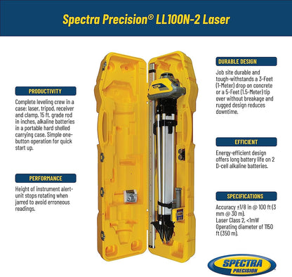 Spectra Precision LL100N-2 Laser Level Kit with HR320 Receiver and Clamp, 15' Grade Rod (Inches), Tripod, and System Case , Yellow