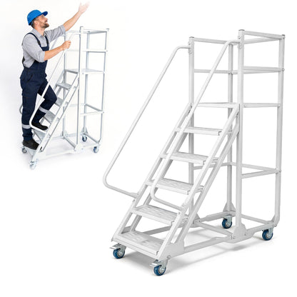 6-Step Rolling Ladder with Handrails Lockable Wheels, Rolling Stairs with 51" Heigh Anti-Slip Platform with Fencehail, Industrial Platform Ladder for Supermarket Warehouse Factory, 19.6" W x74.7 H