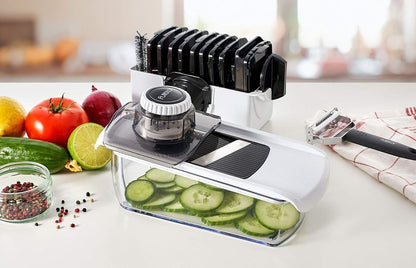 Fullstar Mandoline Slicer for Kitchen, Fruit Cutter, Cheese Grater, Cucumber Slicer, Veggie Spiralizer, Food Cutter & Kitchen Gadgets & Gifts with Safety Glove (11 in 1, Stainless Steel)