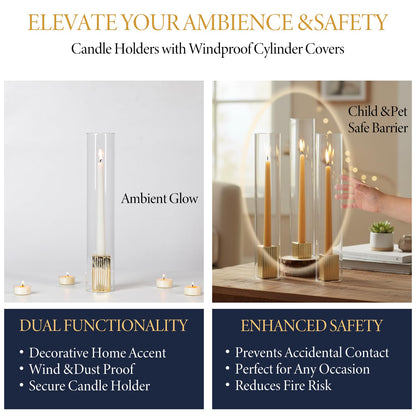 LETINE 14" Tall Hurricane Candle Holders with Gold Ribbed Taper Candle Holders Set of 9– Bulk Windproof Taper Candle Hurricane Glass for Outdoor&Indoors Wedding Centerpiece, Event & Home Decor