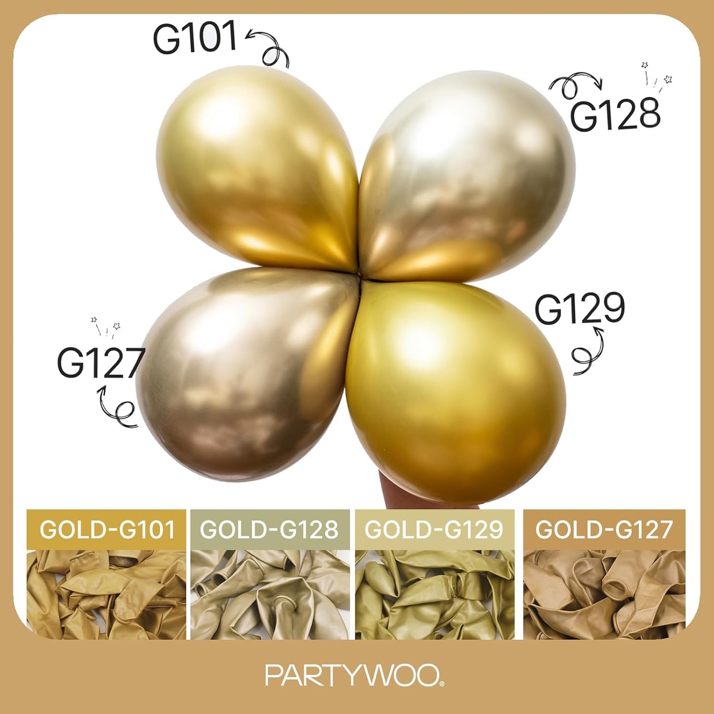 PartyWoo Metallic Gold Balloons - 128-Piece Chrome Gold Balloon Arch Kit for Celebrations | 18", 12", 10", 5" Sizes