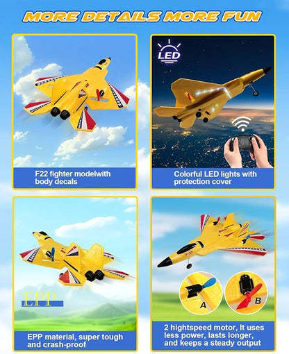 F22 Raptor RC Airplane Durable Foam Remote Control Jet with Gyro &amp LED Lights 2 Rechargeable Batteries 2.4GHz RC Glider Toy Gift for Kids Boys Girls Adults