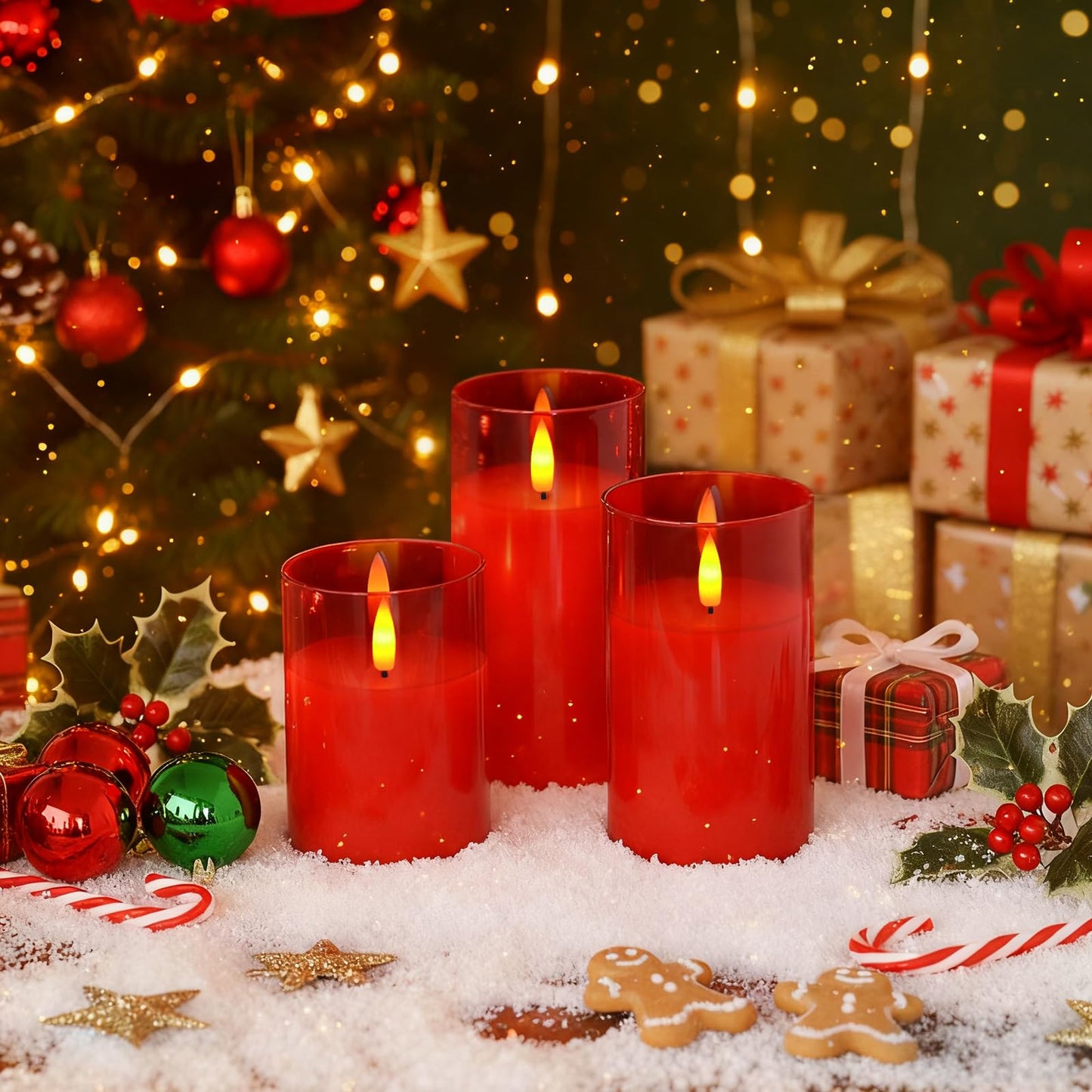 Amagic Christmas Glass Flameless Candles with Remote, Real Wax Pillar Candles Batter Operated with Timer, Red LED Fake Candle for Thanksgiving Decor, Set of 3, D3 xH4 5" 6"