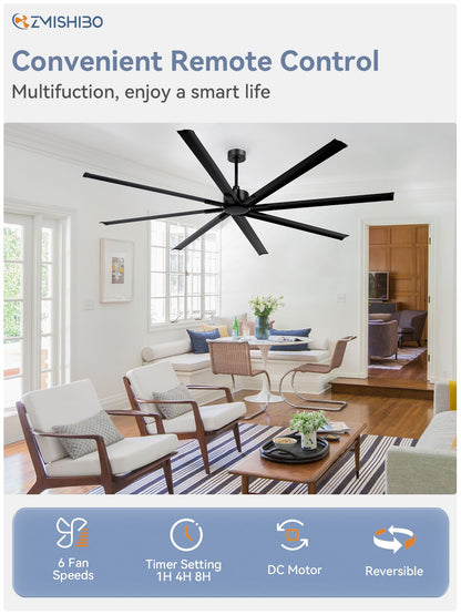 ZMISHIBO 96 Inch Ceiling Fans No Light, Large Industrial Ceiling Fan with 8 Aluminium Blades, Quiet DC Motor, 6 Speeds, Modern Ceiling Fan without Light for Garage/shop/living room,Black