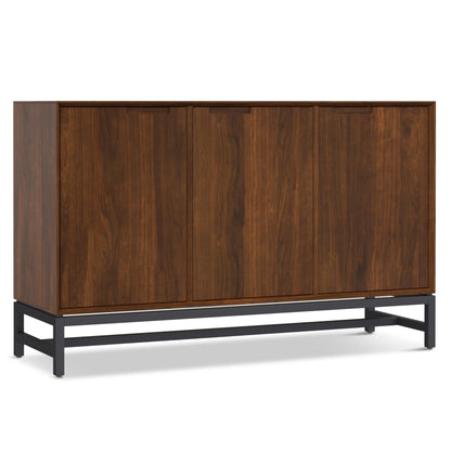 SIMPLIHOME Banting Buffet - 58 inch Wide Solid Wood 3-Door Sideboard Buffet in Natural Walnut, Mid-Century Modern Cabinet for Dining Room or Kitchen with Adjustable Shelves and Metal Base