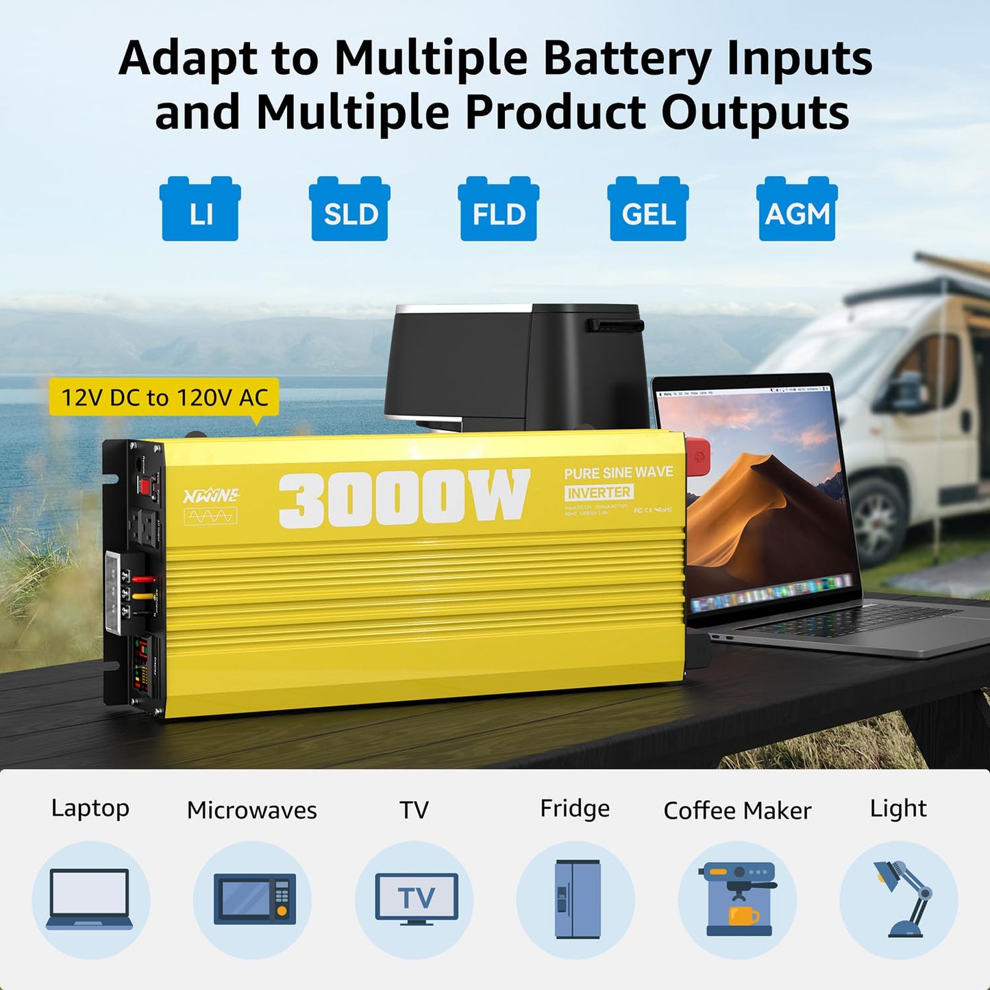 XWJNE 3000W Pure Sine Wave Power Inverter 12V DC to 120V AC Converter with LED Display and Remote Controller for Home, RV, Truck, Off-Grid Solar Power