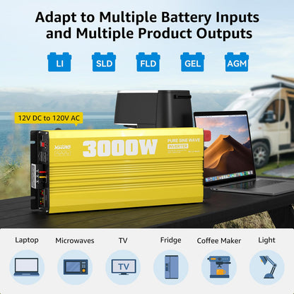 XWJNE 3000W Pure Sine Wave Power Inverter 12V DC to 120V AC Converter with LED Display and Remote Controller for Home, RV, Truck, Off-Grid Solar Power