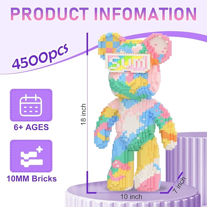 Bear Building Blocks with Organizer Bins (4500PCS) Fluorescent Bricks &amp Stroage Drawer Gift for Adults &amp Kids Ideal for Home &amp Office Decor QR Code User Manual 8886