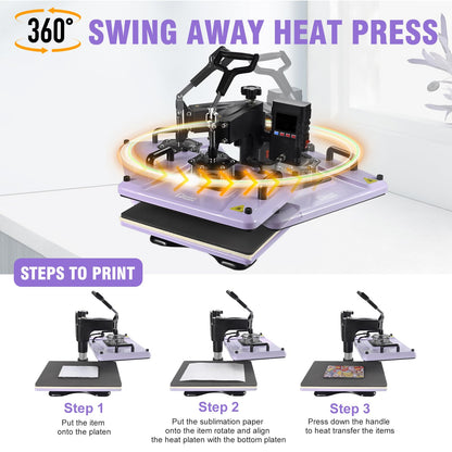 PlanetFlame Heat Press Machine 12x15 Inch, 360° Swing Away 5 in 1 Heat Transfer Machine, Multifunctional Heat Transfer Press Machine with 30OZ Tumbler Attachment for Hat/Plate/T-Shirt/Mug, Purple