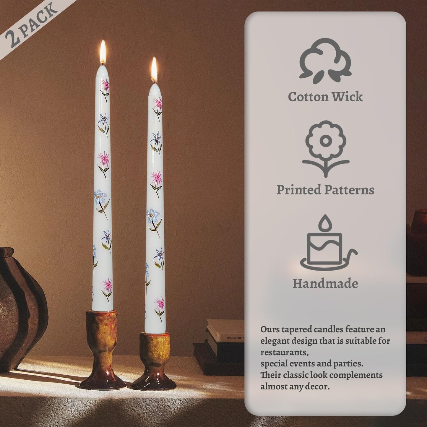 Floral Taper Candles 10 Inch Tall Unscented Handmade Blue Daze Print Long Burning Elegant Candlesticks for Wedding Dinner Home Decor