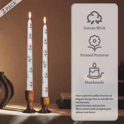 Floral Taper Candles 10 Inch Tall Unscented Handmade Blue Daze Print Long Burning Elegant Candlesticks for Wedding Dinner Home Decor