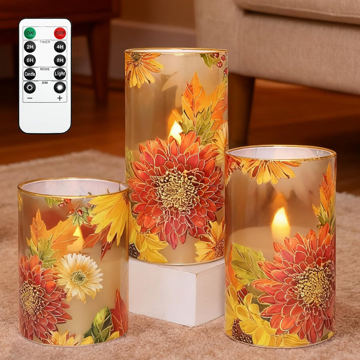 Silverstro Flameless Candles Chrysanthemum Decal with Remote & Timer - Real Wax Flickering Battery Operated Candles - Home Farmhouse Holiday Spring Decorations - Set of 3