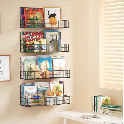 MFTEK Wall Mounted Metal Kids Bookshelf - Wall Book Shelf for Kids Rooms, Hanging Book Shelves Organizer for Room Decor, Nursery Classroom Home Floating Bookshelves Black 4 Pack