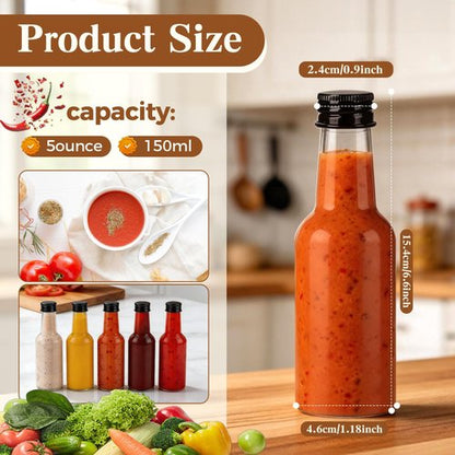 Flojudo 100 Pcs 5 oz Plastic Hot Sauce Bottles, Clear Plastic Woozy Bottles with Leakproof Black Screw Caps, Empty Mini Bottle for Sauce, Syrup, Juice, Liquor
