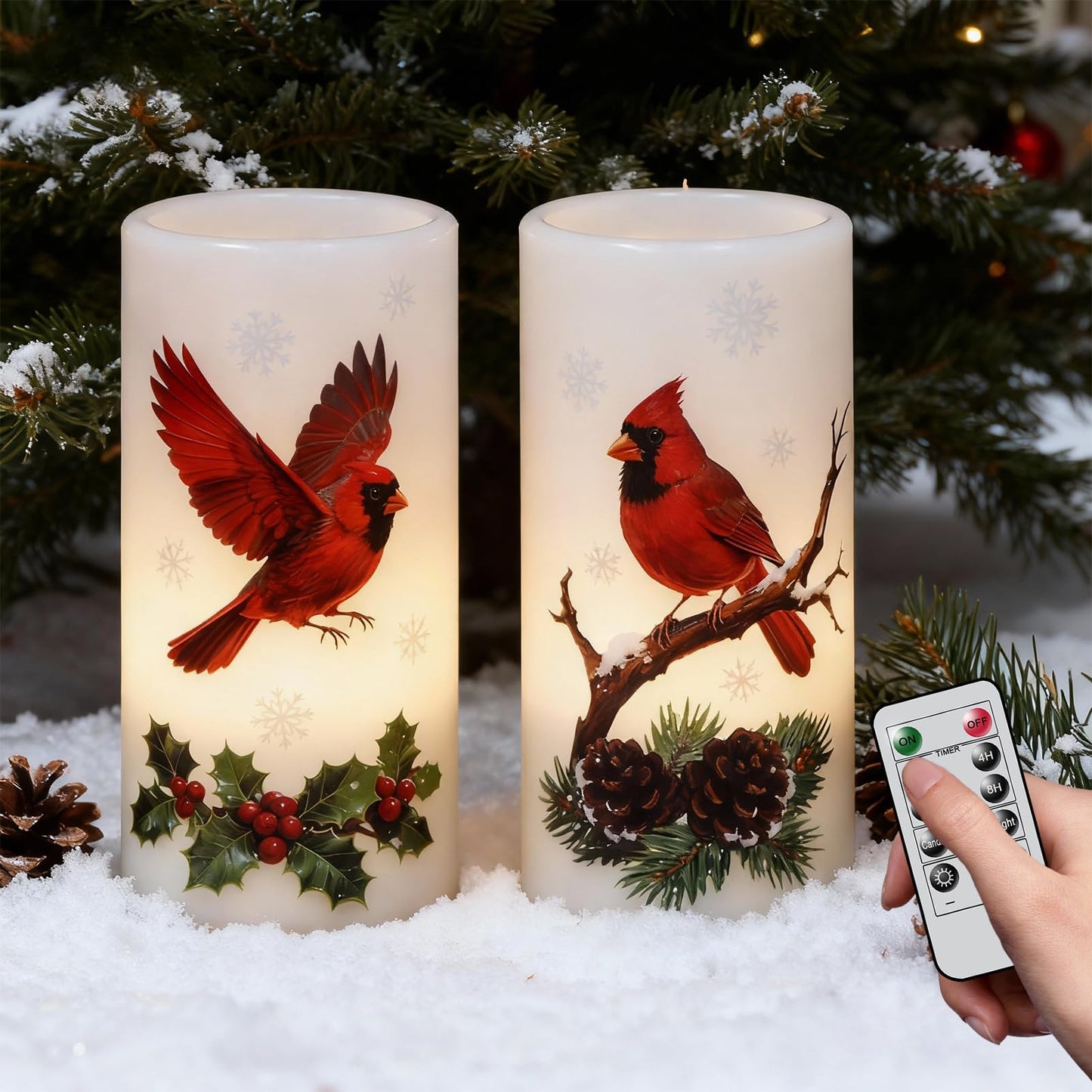 Eldnacele Christmas Cardinal Flameless Candles Battery Operated with Remote and Timer Real Wax Flickering LED Pillar Candles Winter Holiday Indoor Decor(2 Pack, 3" D x 6" H)