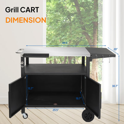 ROVSUN Gourmet Grill Cart with Storage, Movable Grill Table with Wheels, Hooks and Spice Rack, Stainless Steel Top & Storage Cabinet, Pizza Oven Cart for Camping, Tailgating, and Outdoor Cooking