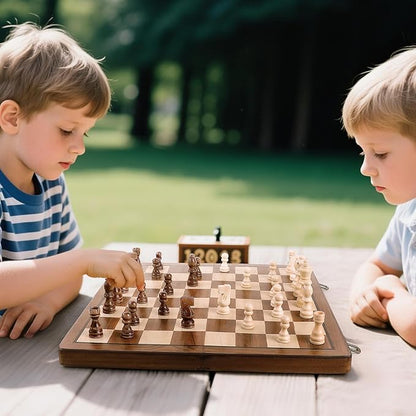 Magnetic Wooden Chess Set 2 Extra Queens 15'' Folding Portable Travel Chessboard with Chess Pieces Storage Slots for Professional Tournament Beginner Adults Kids 6 up Age DUR-001