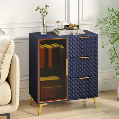 Rovibek Modern Sideboard Cabinet with Storage, Small Kitchen Buffet Cabinet with Glass Door & 3 Drawers, 31" Accent Sideboard Buffet for Kitchen, Living Room, Blue