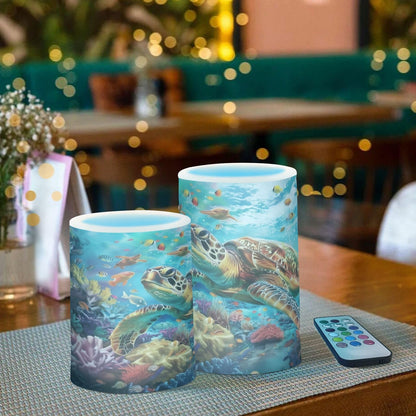 WEVIBOFU Sea Turtles Ocean Coral Reefs Fish Flickering Flameless Candles LED Battery Operated with Remote Timer Pillar Candles for Home Birthday Wedding Christmas Decor, Set of 2
