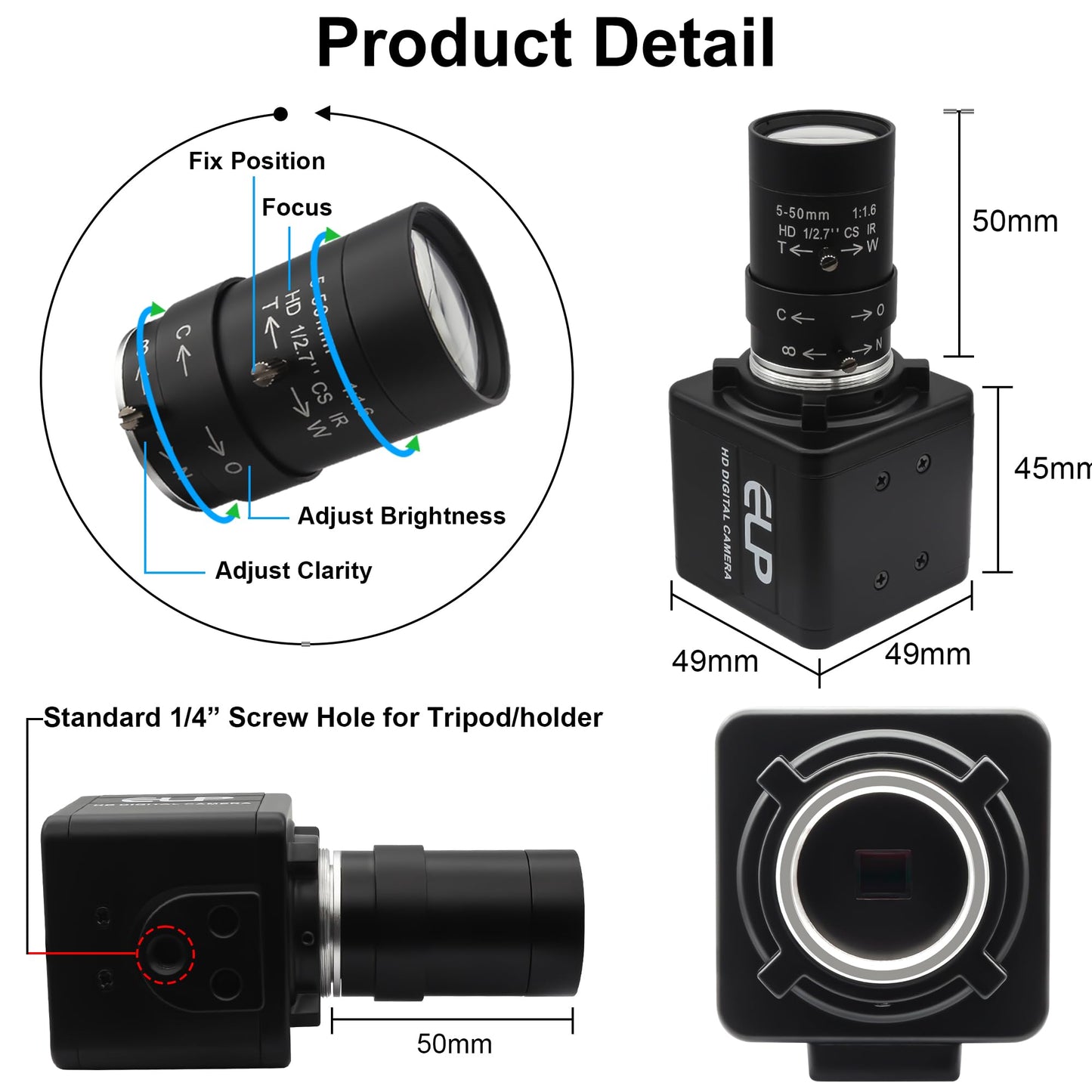 IFWATER USB Camera 16 Megapixes High Resolution 5K USB Webcam with CS Mount 5-50mm Manual Varifocus Lens Close UP OpenCV Camera Free Driver Plug and Play for Windows Linux Laptop Jetson Nano