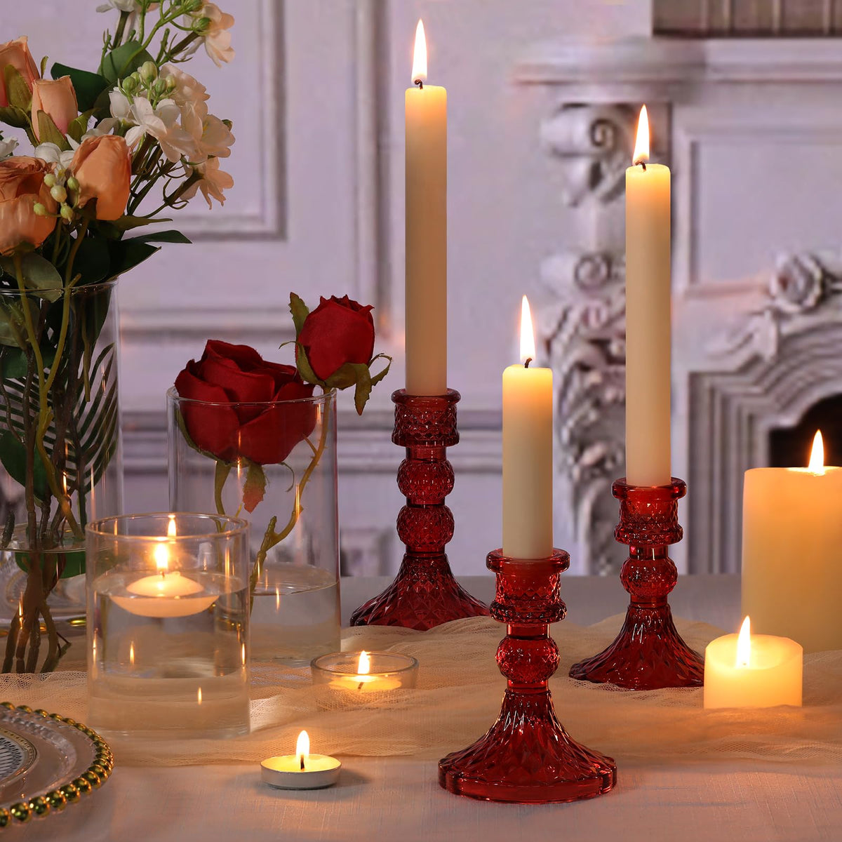DARJEN Red Glass Candlestick Holders Set of 6, 4" H & 5" H Taper Candle Holders for Candlesticks & Pillar Candles, Diamond Candle Holders for Wedding Party Table Centerpiece, Home Decor