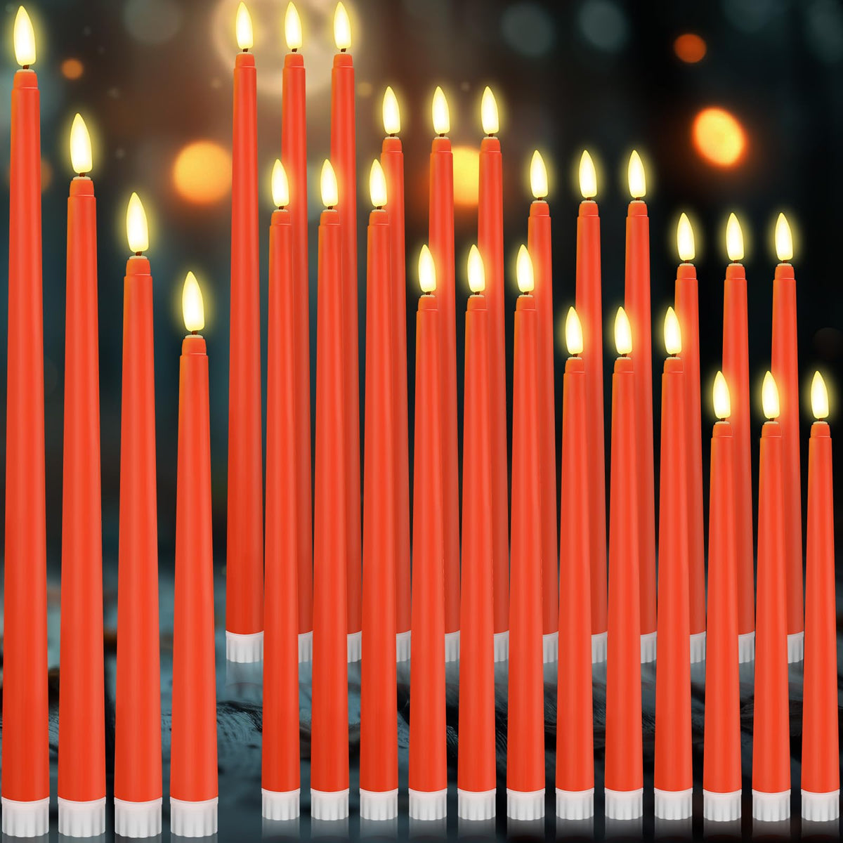 Rossesay 24 Pcs Flameless LED Taper Candles Battery Operated Candle 8.5", 9.65", 10.8", 12.8" Flameless Candlesticks Flickering for Christmas Church Wedding Indoor Decoration(Classic, Orange)