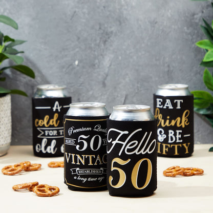 Sparkle and Bash 50th Birthday Can Cooler Sleeves - Medium, Black & Gold, 12-Pack - Insulated Neoprene Holder for 12 Oz Cans, 50th Birthday Party Favors & Decorations